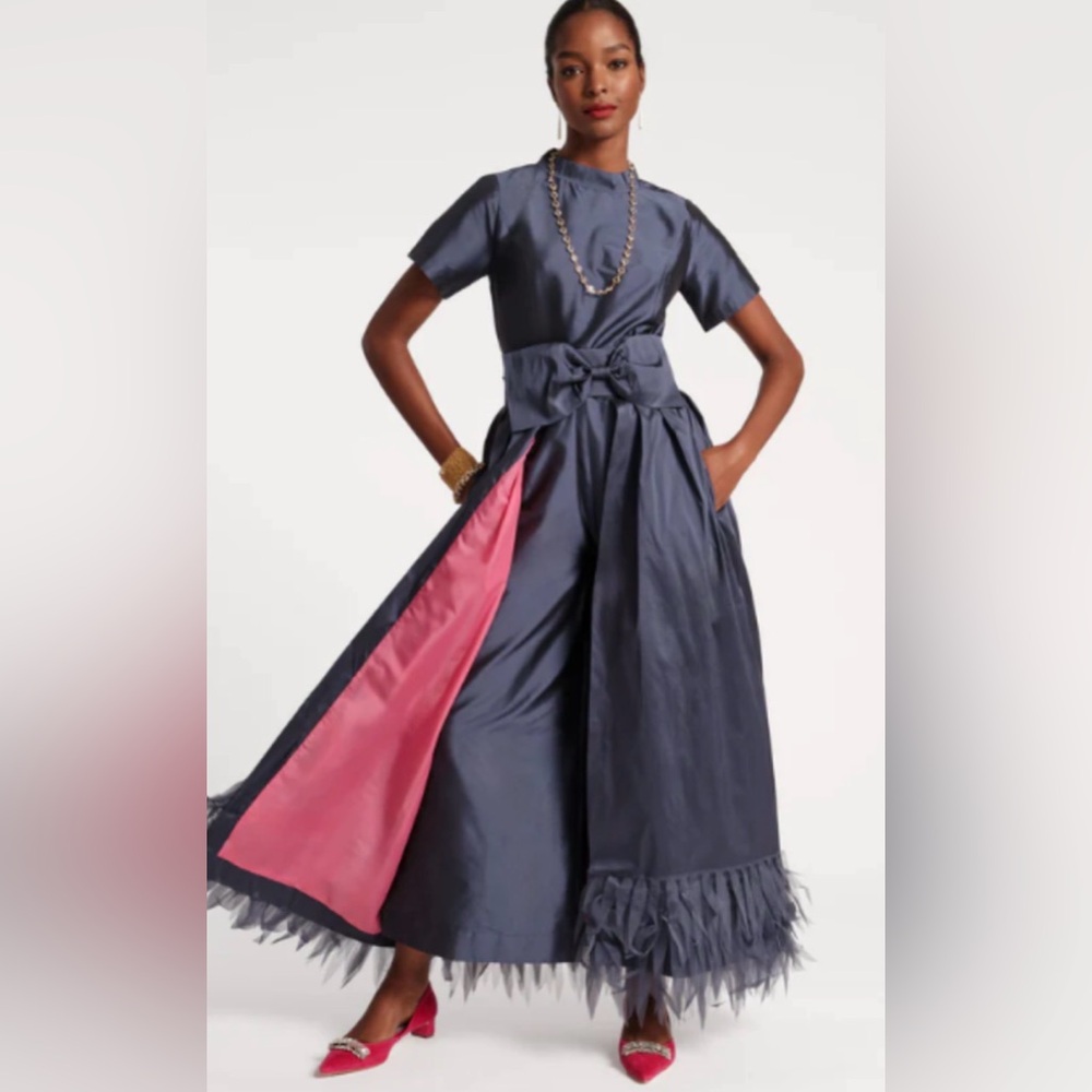 Elegant Blue Silk Jumpsuit with Feather Detailed wrap around skirt. NWOT